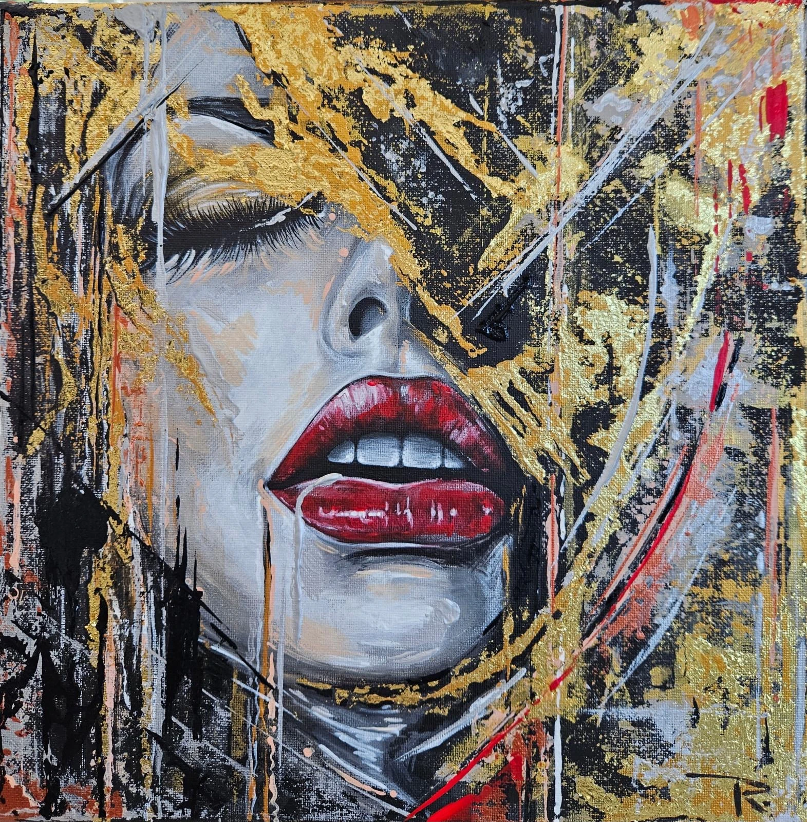 Expressive female portrait with closed eyes, red lips, and sweeping gold and black abstract textures